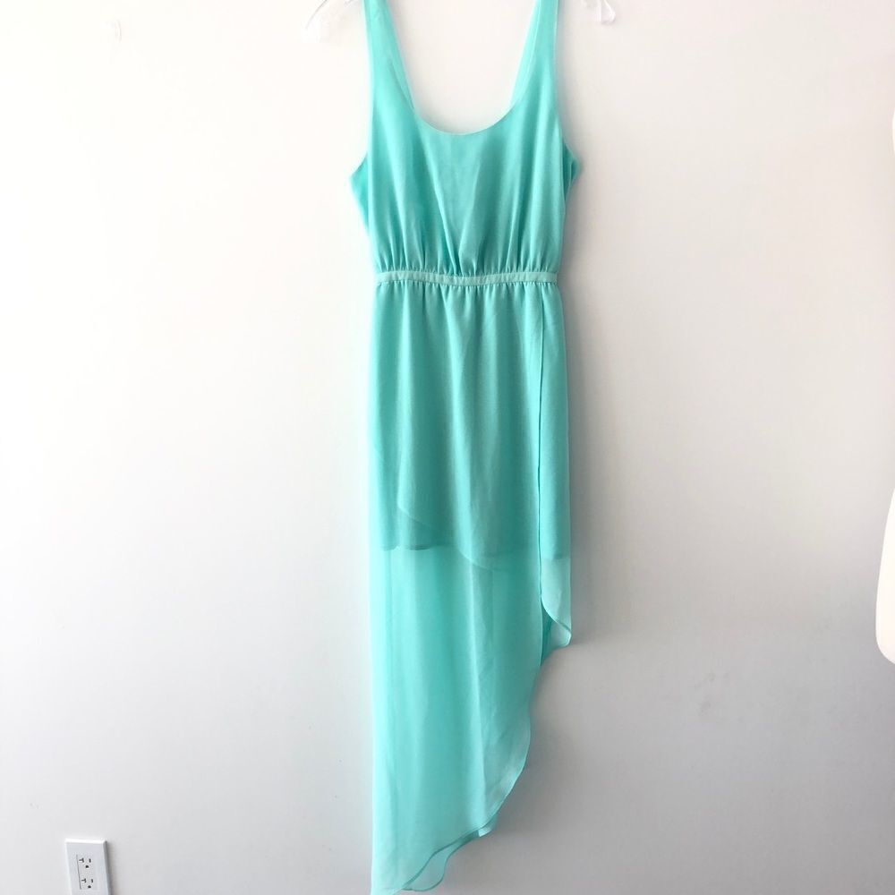 Silence + Noise Sheer Chiffon Tank Dress With Asymmetric Hem In Aqua XS